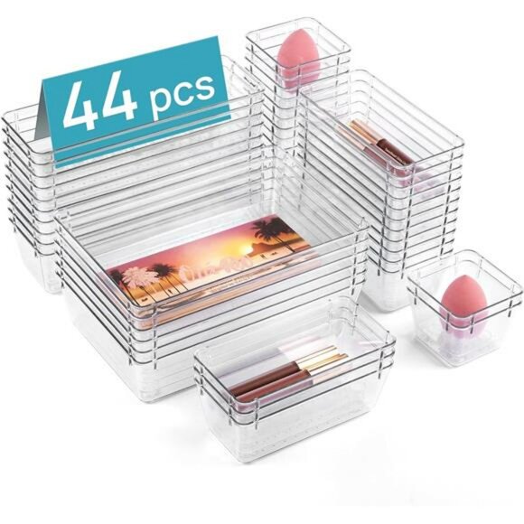 Clear Plastic Drawer Organizers Set 44pc Storage Bins Makeup Kitchen Office - Picture 1 of 7